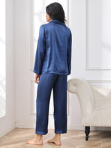 [Dark Blue] SilkSilky  Long Sleeve Lapel Collar Women's Pajamas 002