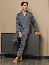 [Navy Ginkgo] SilkSilky  Long Sleeve Lapel Collar Men's Pajamas 001