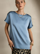 [Grayish Blue] SilkSilky  Short Sleeve Boat Neck Women's T-Shirt 005