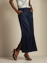 Navy silk wide leg split pants with elastic waist and side pockets