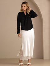 [Black] SilkSilky  Long Sleeve Tie Neck Women's Blouse 007