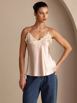 [Pink] Beige silk camisole top with lace trim and spaghetti straps on model 001