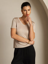 Beige silk V-neck short sleeve women's T-shirt with slim fit
