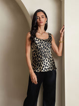 Women's leopard print sleeveless silk U-neck tank top, straight fit