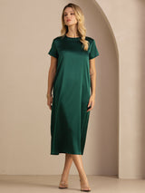 [Dark Green] SilkSilky  Short Sleeve Crew Neck Dress 007