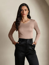 [Coffee] SilkSilky  Long Sleeve Round Neck Women's T-Shirt 001