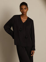 [Black] SilkSilky  Long Sleeve V Neck Women's Blouse 003
