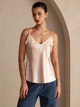 [Pink] Beige 100% Mulberry silk spaghetti strap camisole with lace trim 003