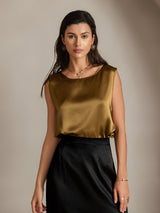 Gold silk sleeveless round neck tank top with smooth glossy finish