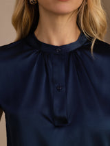 [Dark Blue] SilkSilky  Short Sleeve Split Women's Blouse 005