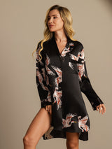 [Black] SilkSilky  Long Sleeve Lapel Collar Nightshirt 002