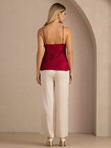 [Wine] Back view of a red silk camisole top with adjustable spaghetti straps 005