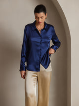 [Dark Blue] SilkSilky  Long Sleeve Lapel Collar Women's Shirts 003