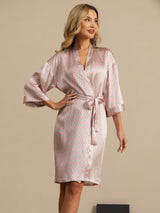 Pink heart geo print silk knee-length kimono robe with belted waist