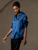 [Teal] SilkSilky  Long Sleeve Lapel Collar Women's Shirts 006