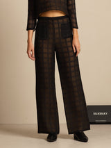 High-waist black textured grid wide-leg silk pants with pockets