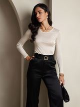 [Beige] SilkSilky  Long Sleeve Round Neck Women's T-Shirt 006
