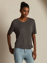 Women's dark gray silk V-neck T-shirt with short sleeves and relaxed fit