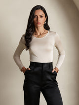 [Beige] SilkSilky  Long Sleeve Round Neck Women's T-Shirt 004