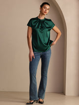 [Dark Green] SilkSilky  Short Sleeve Split Women's Blouse 006