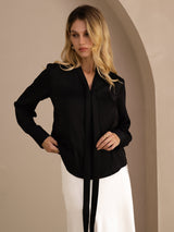 [Black] SilkSilky  Long Sleeve Tie Neck Women's Blouse 002