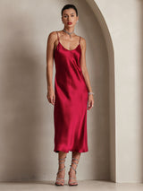 [Wine] SilkSilky  Spaghetti Strap V Neck Dress 004