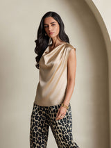 [Champagne] SilkSilky  Cap Sleeve Cowl Neck Women's T-Shirt 005