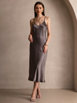 [Dark Khaki] SilkSilky  Spaghetti Strap V Neck Dress 003