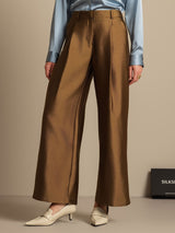 High-waist silk-wool blend wide-leg pants in brown with side pockets