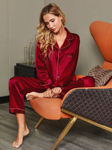 [Wine] SilkSilky  Long Sleeve Lapel Collar Women's Pajamas 008