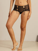 Black sheer silk cut-out panty with front tie detail and mid-rise fit