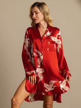 [Dark Red] SilkSilky  Long Sleeve Lapel Collar Nightshirt 005