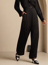 Black high-waist wide-leg silk blend pants with side pockets