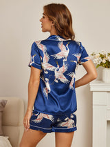 [Dark Blue] SilkSilky  Short Sleeve Lapel Collar Women's Pajamas 002