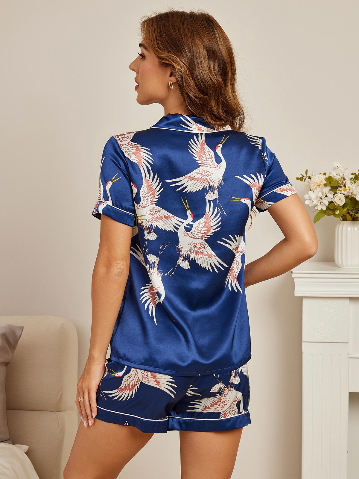 [Dark Blue] SilkSilky  Short Sleeve Lapel Collar Women's Pajamas 002