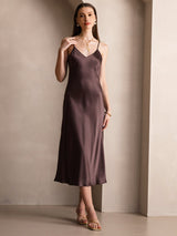 [Coffee] SilkSilky  Spaghetti Strap V Neck Dress 005