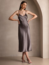 [Dark Khaki] SilkSilky  Spaghetti Strap V Neck Dress 001
