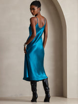 [Teal] SilkSilky  Spaghetti Strap V Neck Dress 002