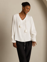 [White] SilkSilky  Long Sleeve V Neck Women's Blouse 005