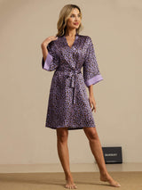 Purple leopard print silk knee-length kimono robe with belted waist and 3/4 sleeves