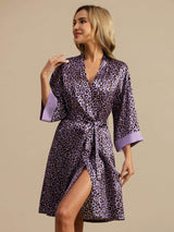Lavender leopard print silk kimono robe with belted waist and knee-length wrap design