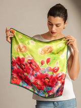 Mulberry silk square scarf with bold red floral print and green border, 53x53cm