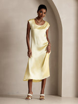 Women’s pale yellow silk midi dress with round neck and cap sleeves