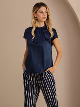 [Dark Blue] SilkSilky  Short Sleeve Split Women's Blouse 004
