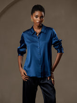 [Teal] SilkSilky  Long Sleeve Lapel Collar Women's Shirts 001