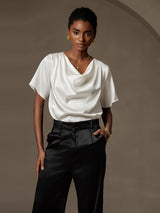 [White] SilkSilky  Short Sleeve Cowl Neck Women's Blouse 004