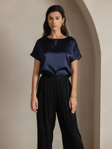 [Dark Blue] SilkSilky  Short Sleeve Boat Neck Women's T-Shirt 001