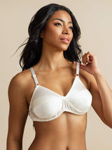White pure silk bra with adjustable straps and soft ruched trim on model