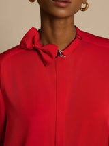 Red silk long sleeve stand collar blouse with bow tie and hidden button front