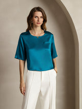 [Teal] SilkSilky  Half Sleeve Women's T-Shirt 001